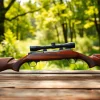 22 rifle resting on a rustic wooden table amidst natural greenery, showcasing its craftsmanship and elegance.