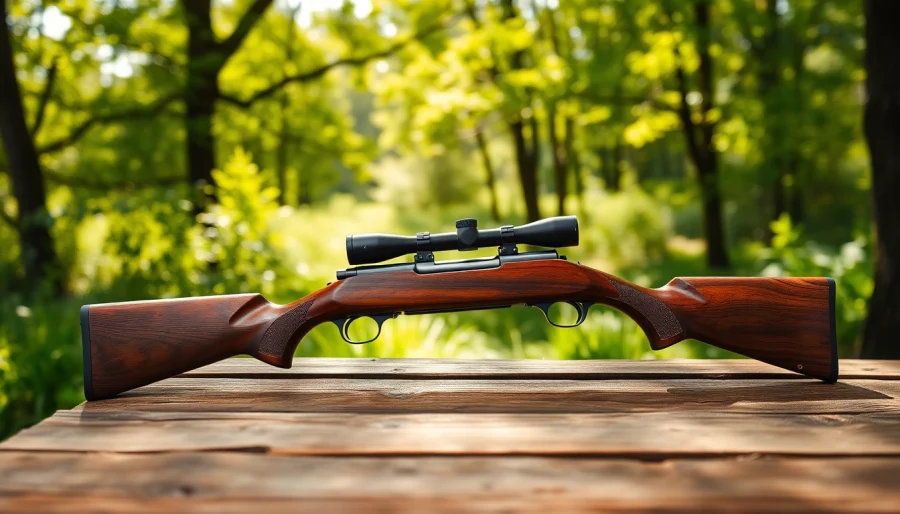 22 rifle resting on a rustic wooden table amidst natural greenery, showcasing its craftsmanship and elegance.