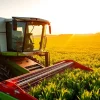 Claas Erntefahrzeug glänzt in einem bewirtschafteten Feld bei Sonnenuntergang.