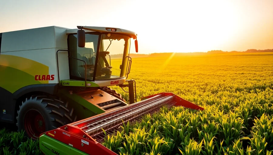 Claas Erntefahrzeug glänzt in einem bewirtschafteten Feld bei Sonnenuntergang.