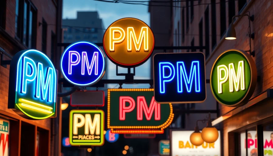 Exquisite collection of pm signs beautifully illuminated in an urban environment at dusk.
