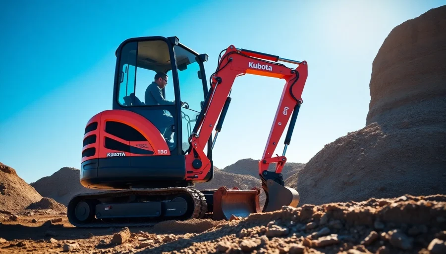 Operate a Kubota excavator showcasing its performance on a job site.