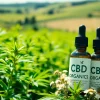Showcasing a vibrant hemp field and CBD Organics product, highlighting natural purity.