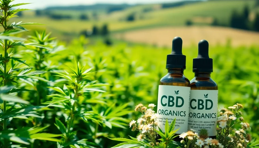 Showcasing a vibrant hemp field and CBD Organics product, highlighting natural purity.