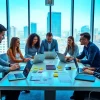 Engaged team at a social media agency brainstorming strategies in a bright office.