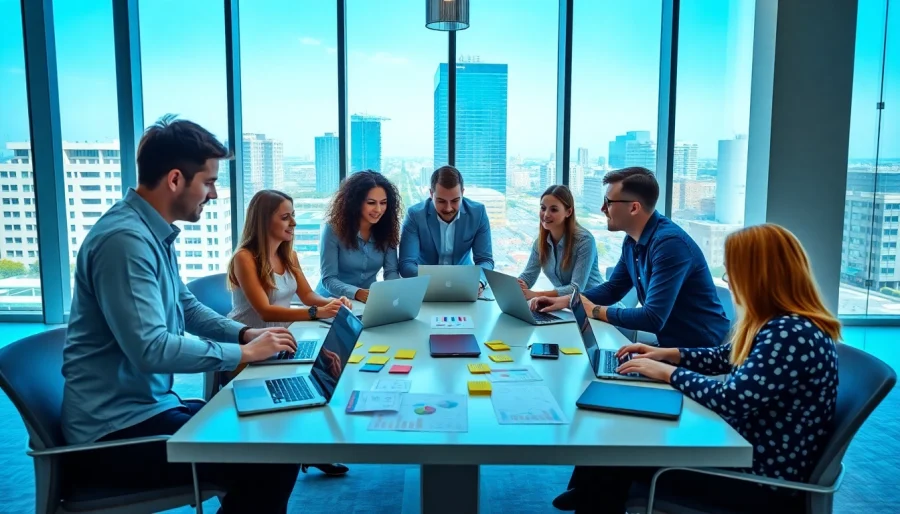 Engaged team at a social media agency brainstorming strategies in a bright office.