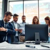 ICT bedrijf professionals samenwerken in een moderne kantooromgeving vol technologie.