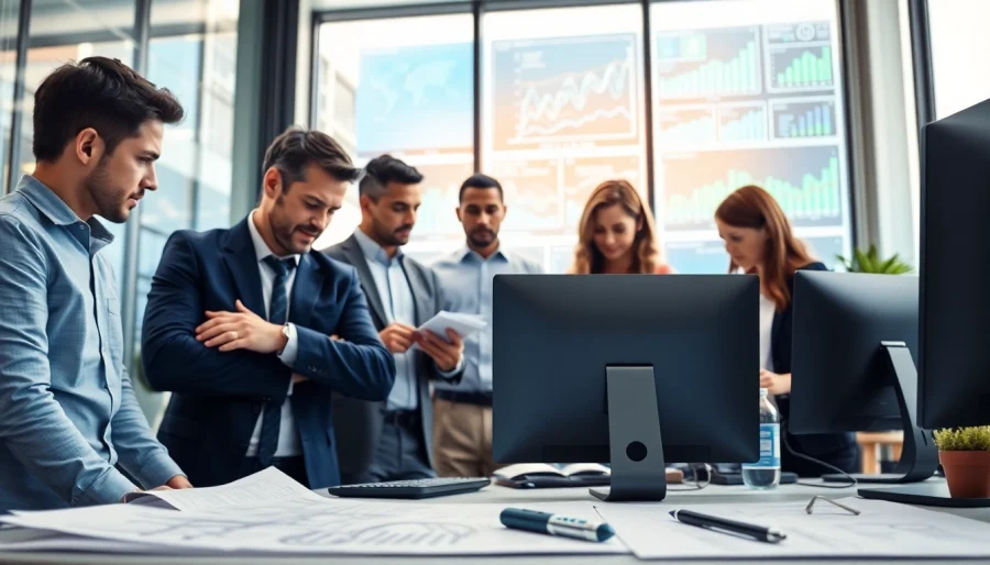 ICT bedrijf professionals samenwerken in een moderne kantooromgeving vol technologie.