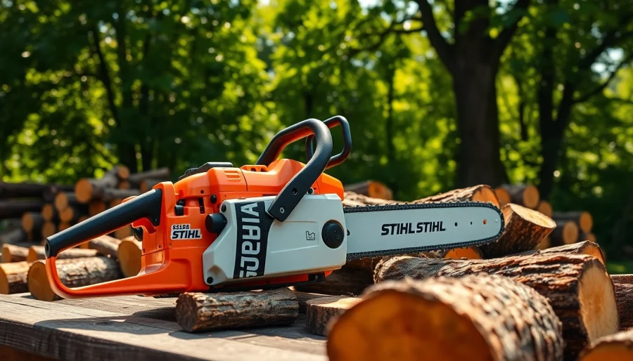 Stihl Kettensäge auf einer Holzwerkbank mit frischen Schnittproben im Hintergrund.
