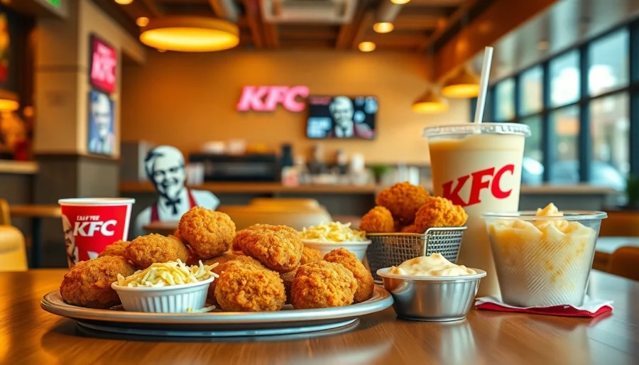 Explore KFC menu prices displaying crispy chicken meals with sides in a vibrant setting.