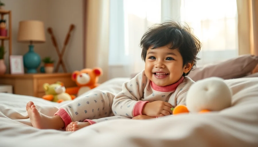 Child enjoying comfortable Bamboo kids pajamas on a cozy bed surrounded by toys.