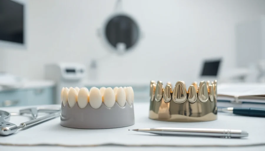 Exhibit of various crowns showcasing dental restoration options with a focus on design and materials.