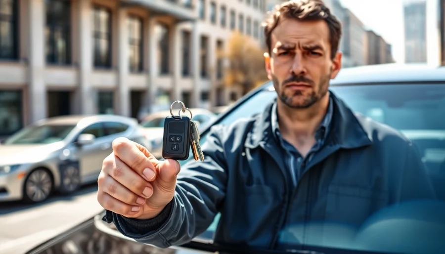 Locksmith assisting a driver dealing with Lost Car Keys in a city setting.