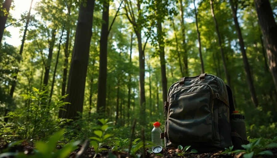 Showcase of a camouflage hunting backpack with detailed compartments against a vibrant forest backdrop.