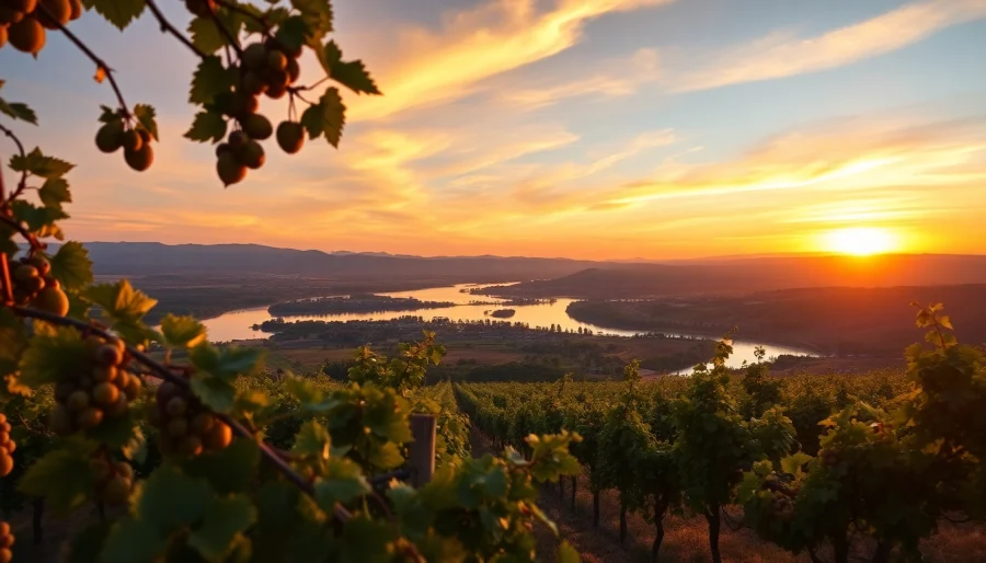 Scenic view showcasing vineyards in Clarksburg CA with the Sacramento River and sunset.