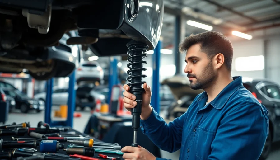 Technician replacing shock absorber in a professional Taller amortiguadores workshop, showcasing precision and expertise.