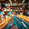 Laminating resin application by artisans showcasing intricate craftsmanship and detailed processes in a workshop.