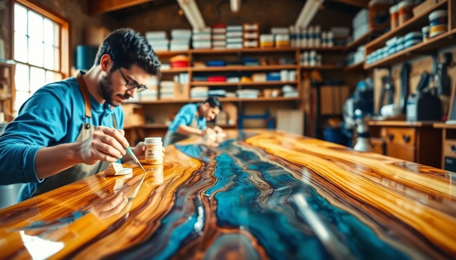 Laminating resin application by artisans showcasing intricate craftsmanship and detailed processes in a workshop.