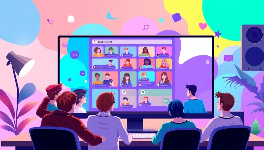 Engaging scene of an 18+ discord server with adults interacting in a vibrant chat room.