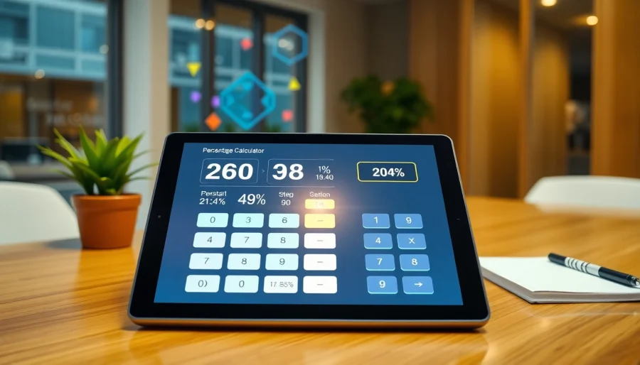Calculate percentages with a sleek Percentage Calculator interface in a modern office setting.