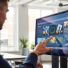 Interactive digital signage CMS interface on a touchscreen monitor enhancing office communication.