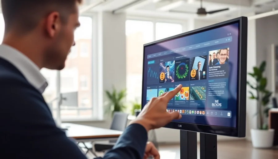 Interactive digital signage CMS interface on a touchscreen monitor enhancing office communication.