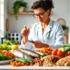 Amino asitlerinin bulunduğu besin kaynaklarını inceleyen profesyonel bir beslenme uzmanı.