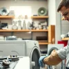 Skilled technician performing dryer repair in a bright workshop environment with tools around.