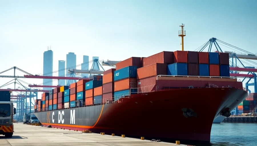 Showcasing imports with a cargo ship unloading goods at a vibrant international trade port.