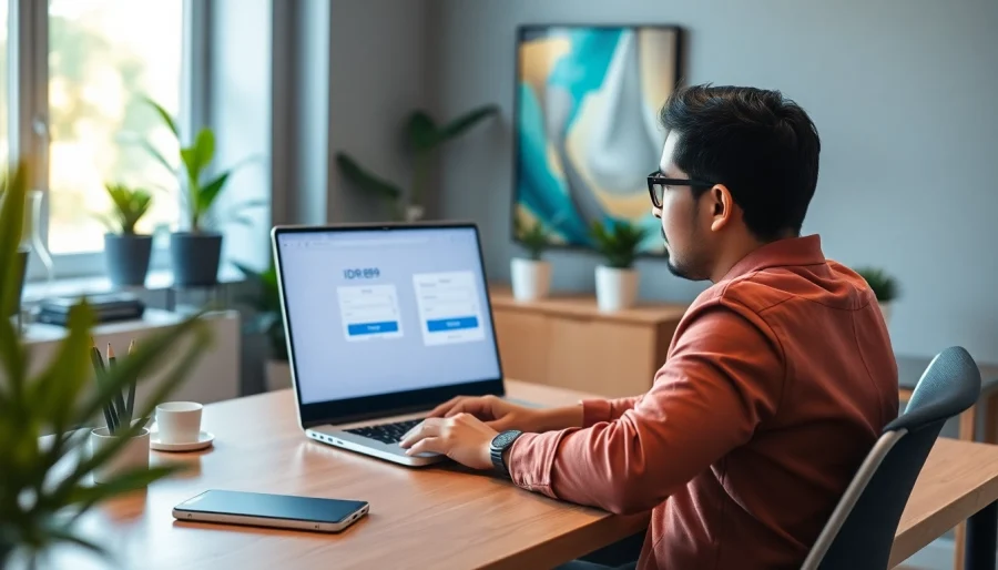 Proses IDR89 Login di laptop pada meja kerja yang rapi dan modern.