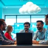 Showcasing cloud infrastructure and DevOps services with engineers collaborating in a modern office.