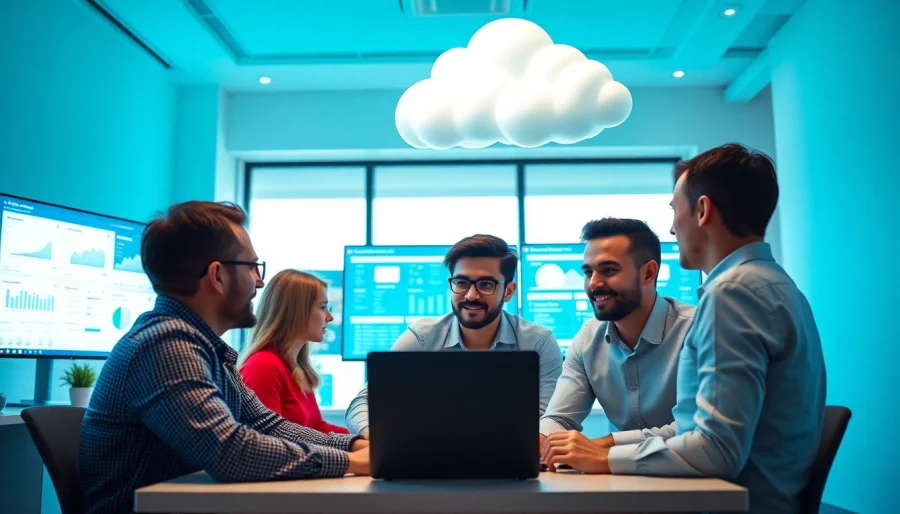 Showcasing cloud infrastructure and DevOps services with engineers collaborating in a modern office.