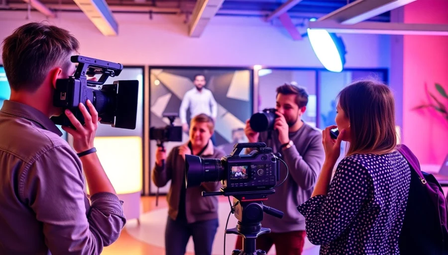 영상업체 captures a dynamic film crew in action, creating a promotional video in a lively office setting.