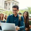 International student collaborating with peers in a vibrant university setting.