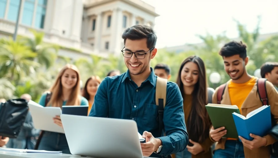 International student collaborating with peers in a vibrant university setting.