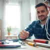 Electrician performing electrical installation in a well-lit residential setting, showcasing expertise and professionalism.
