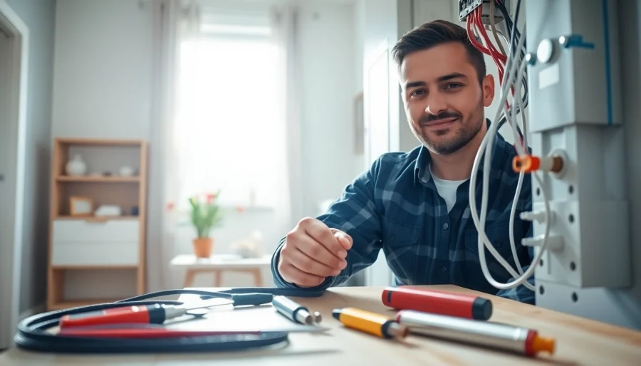 Electrician performing electrical installation in a well-lit residential setting, showcasing expertise and professionalism.