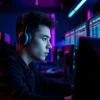 Gamer evaluating the legitimacy of online platforms like Is We1Win Legit? in a vibrant gaming setup.