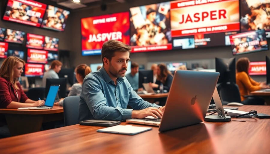 Breaking jasper news with journalists working actively in a modern newsroom setting.