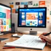 Showcasing a website design in a professional workspace, featuring creative sketches and colorful mood boards.