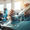 Windshield Repair technician expertly addressing a damaged windshield in a bright auto shop.