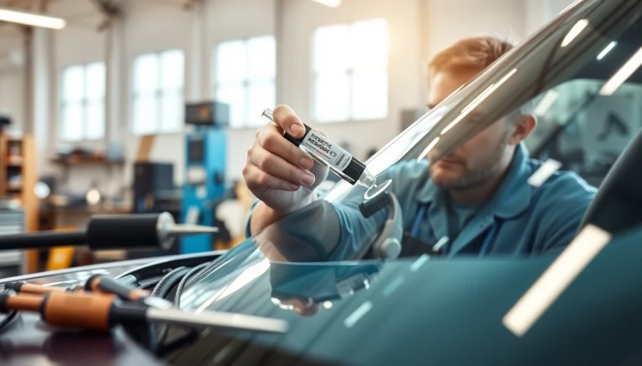 Windshield Repair technician expertly addressing a damaged windshield in a bright auto shop.