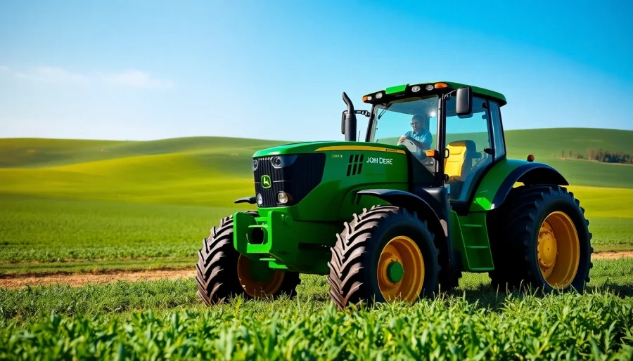 John Deere Traktor arbeite in einem lebendigen Feld mit grünem Hintergrund.