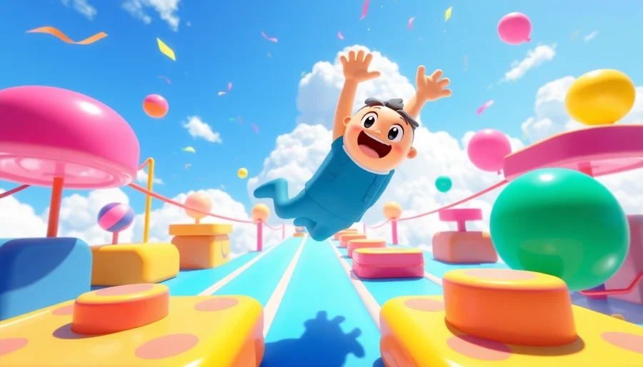 Celebrate Stumble Guys hack adventure with characters navigating a colorful obstacle course.