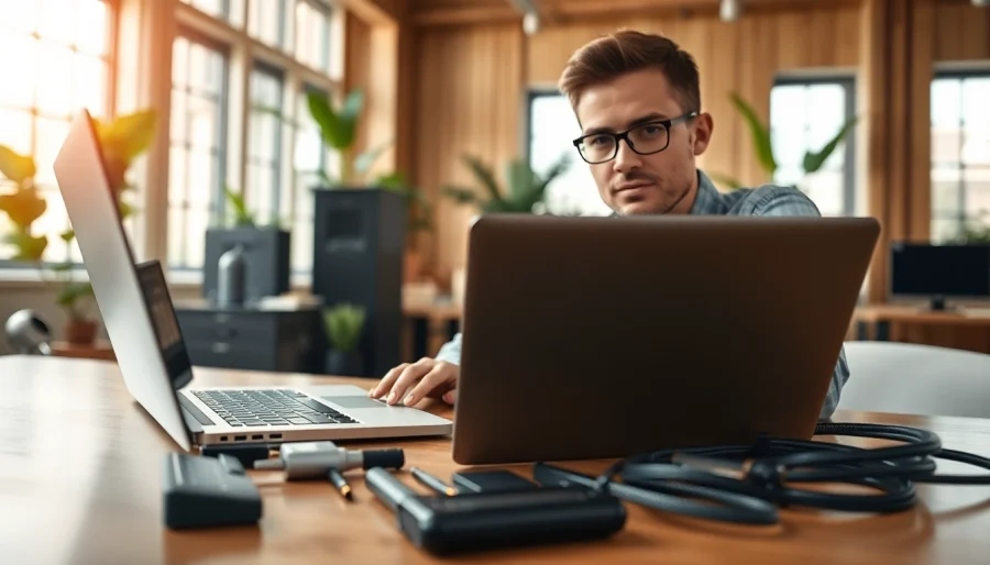 Providing computer services with a technician focused on repairs and support in a modern office.