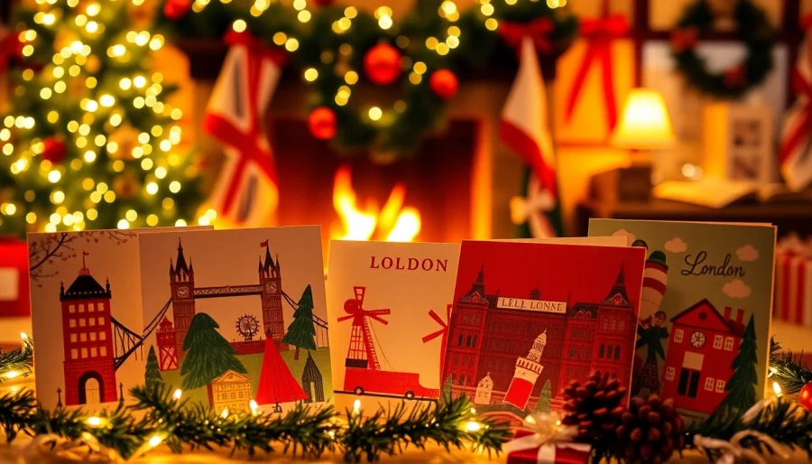 Showcasing beautiful Christmas cards London adorned with iconic landmarks in a festive setting.