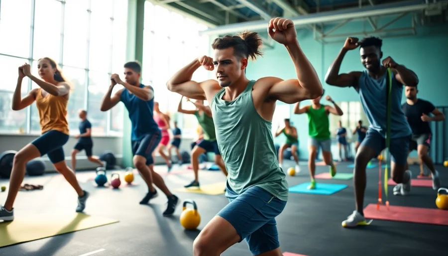 Group of fitness enthusiasts engaged in dynamic training with movenetics techniques.