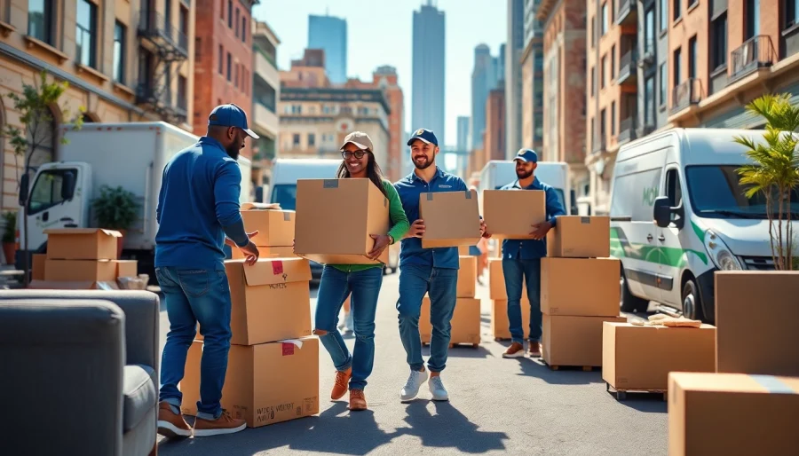Experience reliable moving services through https://bennettsmoving.com/ showcasing professional teamwork in a vibrant urban setting.