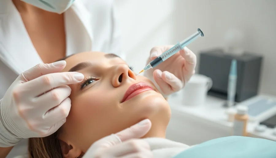 Administering cosmetic fillers in a serene clinic environment showcasing smooth skin texture.