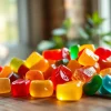 Showcasing colorful CBD Gummies arranged artfully on a rustic table with soft natural lighting.